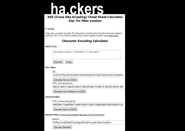 Figure 2. Encoding JavaScript code using a ha.ckers.org calculator