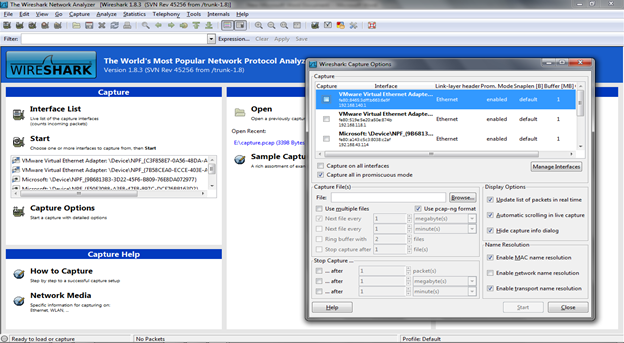 Figure 1. Wireshark Interface List and Options (Click to Enlarge)